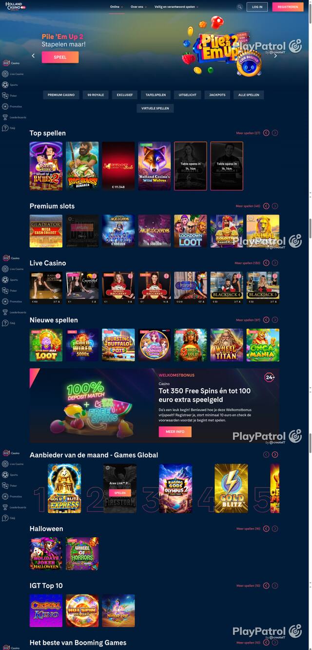 Capture of the front page of Holland Casino (hollandcasino.nl) on 26 October 2026