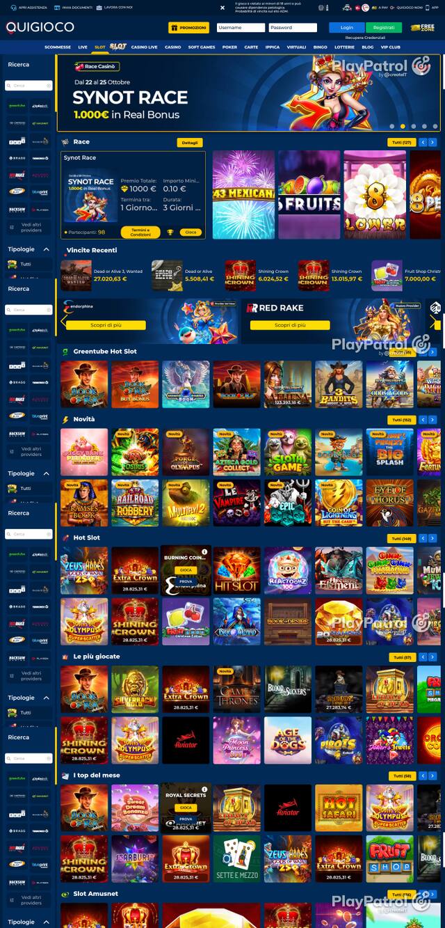 Capture of the front page of Quigioco (quigioco.it) on 24 October 2026