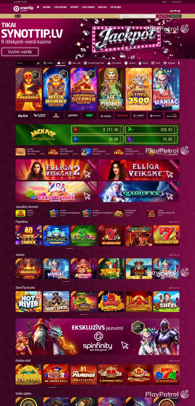 Capture of the front page of synottip.lv (casino.synottip.lv) on 25 October 2026