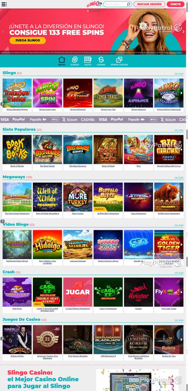 Capture of the front page of Slingo Casino (slingocasino.es) on 9 October 2026