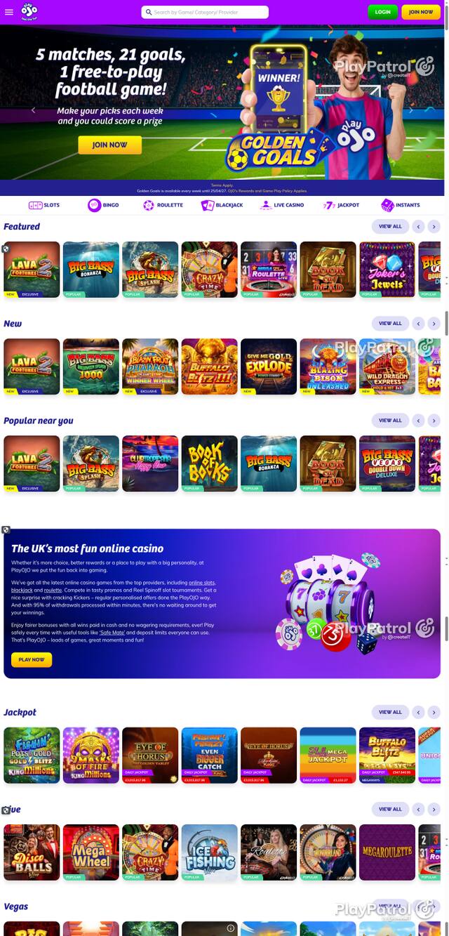 Capture of the front page of PlayOJO (playojo.com) on 19 October 2026