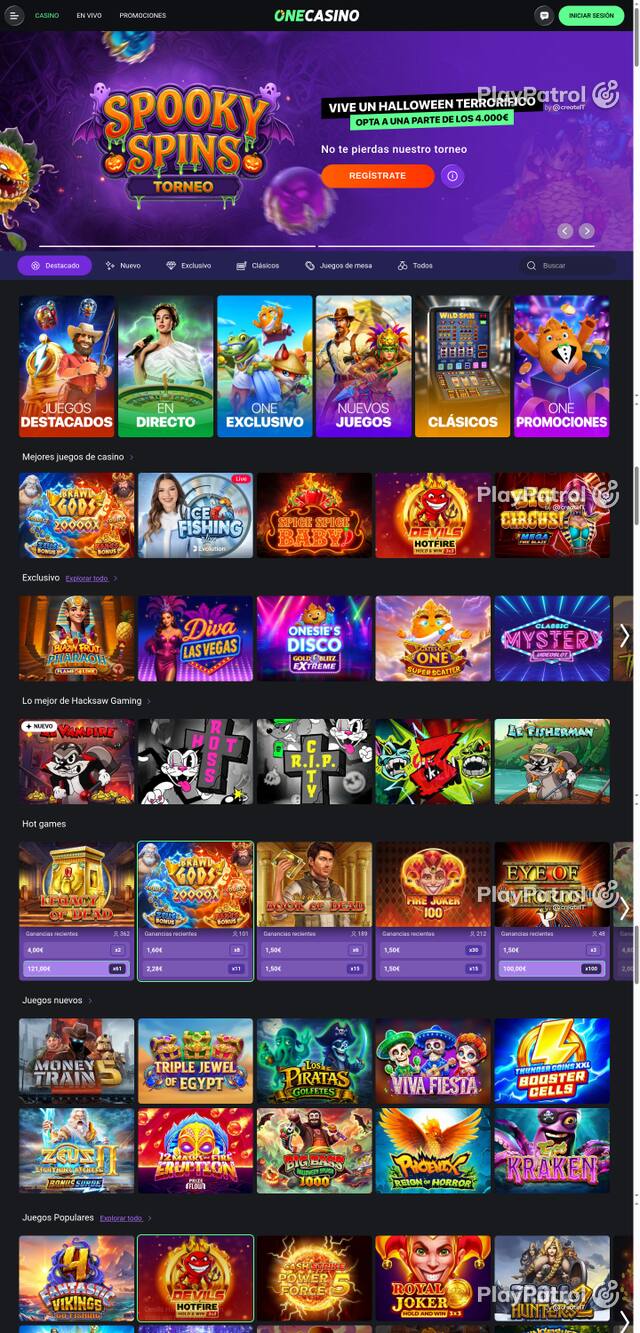 Capture of the front page of One Casino (onecasino.es) on 16 October 2026