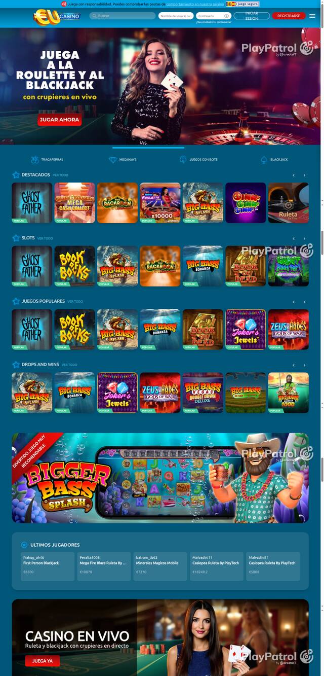 Capture of the front page of EU Casino (eucasino.es) on 29 October 2026