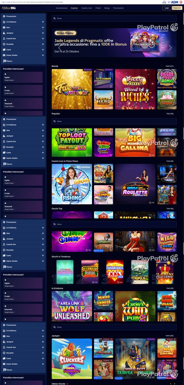 Capture of the front page of William Hill (casino.williamhill.it) on 20 October 2026