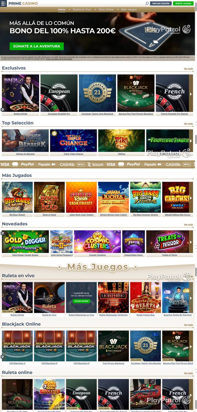 Capture of the front page of Prime Casino (primecasino.es) on 6 October 2026