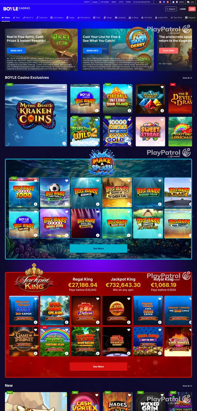Capture of the front page of BoyleSports Casino (games.boylesports.com) on 9 October 2026