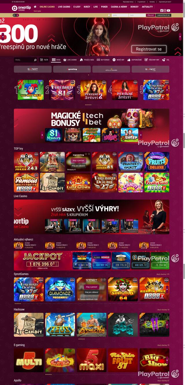 Capture of the front page of Synot Tip (casino.synottip.cz) on 27 October 2026