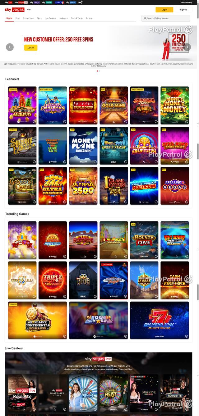 Capture of the front page of Sky Vegas (skyvegas.com) on 18 October 2026