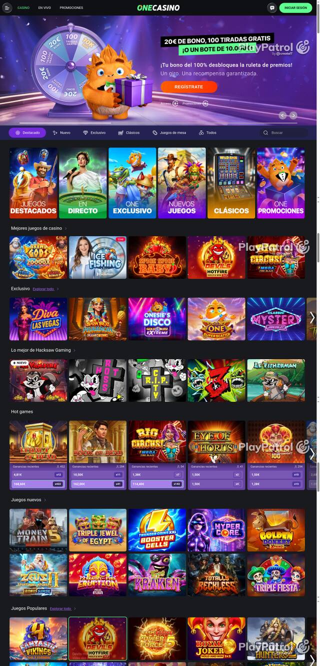 Capture of the front page of One Casino (onecasino.es) on 10 October 2026