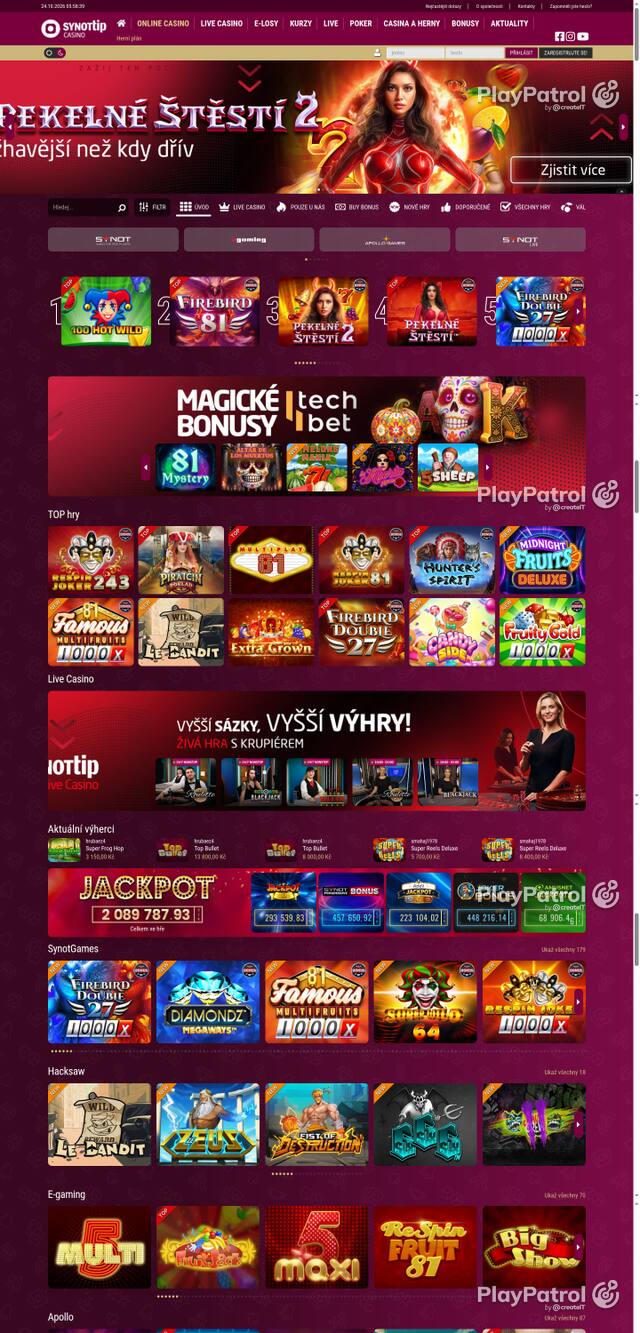 Capture of the front page of Synot Tip (casino.synottip.cz) on 24 October 2026