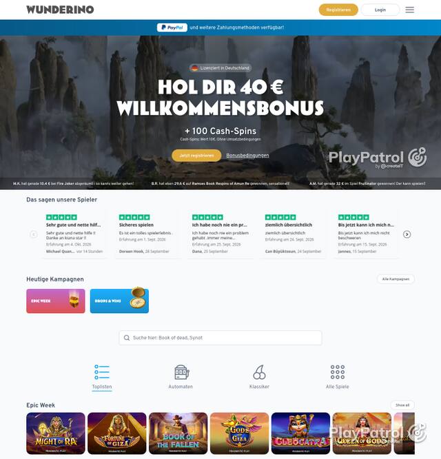 Capture of the front page of Wunderino (wunderino.de) on 5 October 2026