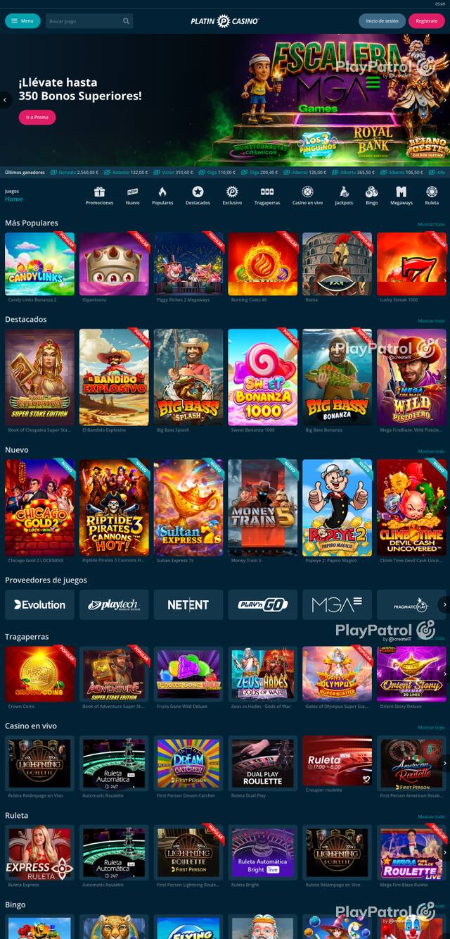Capture of the front page of Platin Casino (platincasino.es) on 18 October 2026