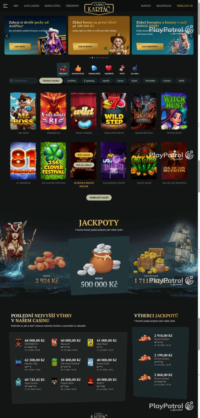 Capture of the front page of Casino Kartac (casino-kartac.cz) on 26 October 2026