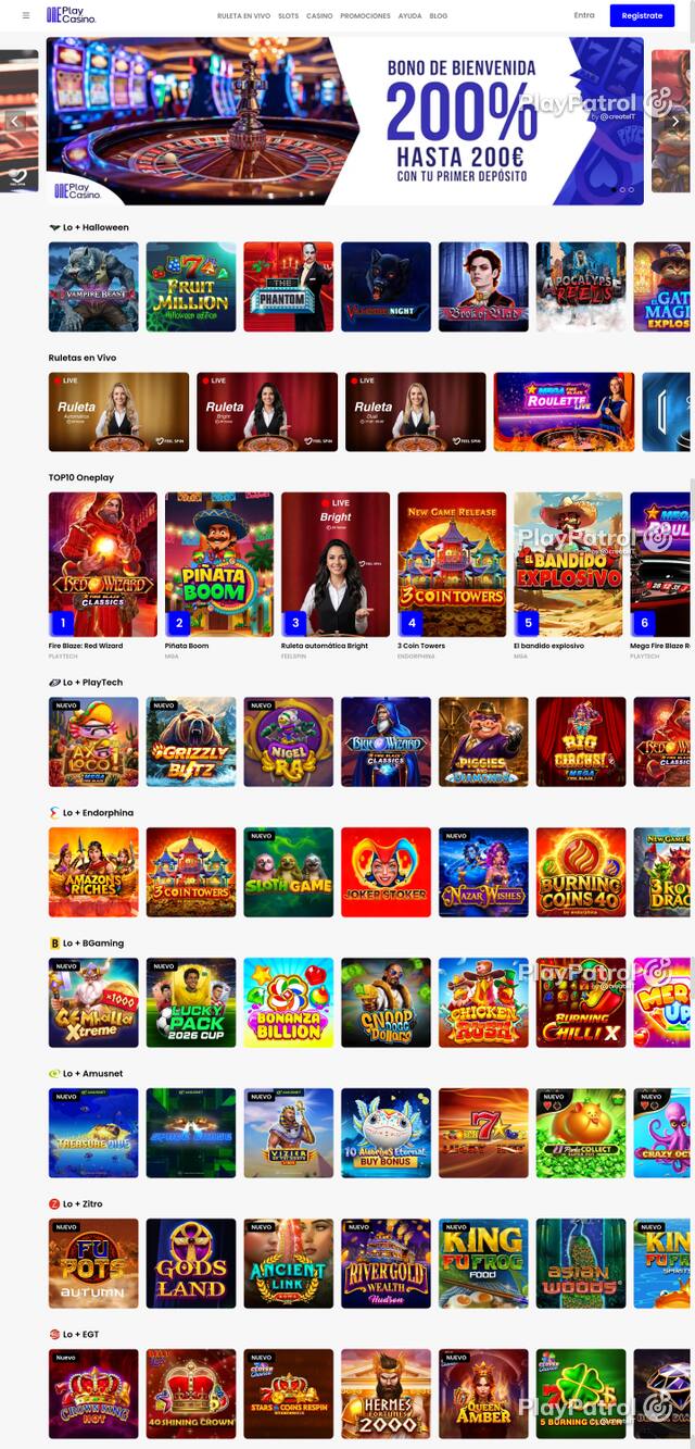 Capture of the front page of OnePlay Casino (oneplaycasino.es) on 30 October 2026