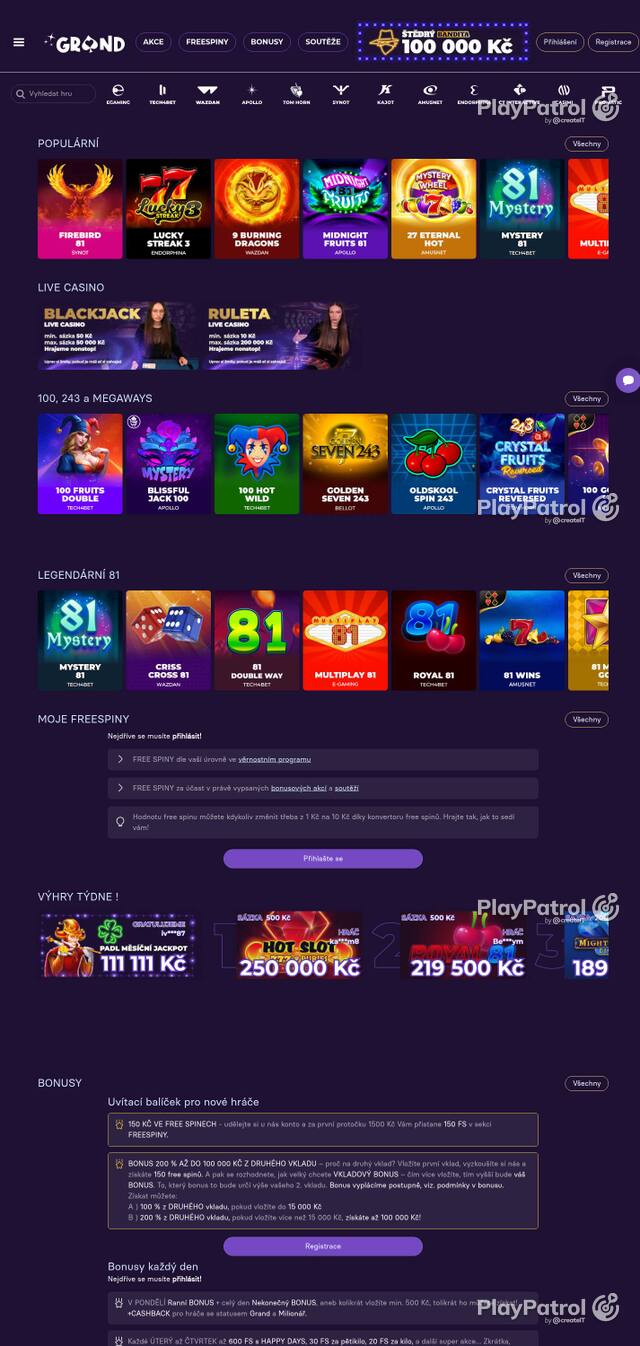 Capture of the front page of GrandWin (grandwin.cz) on 2 October 2026
