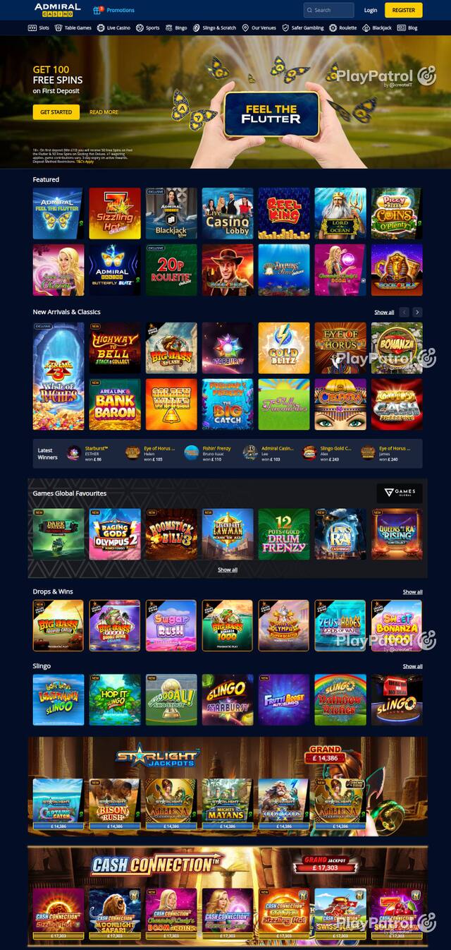 Homepage capture of Admiral Casino recorded during the scan