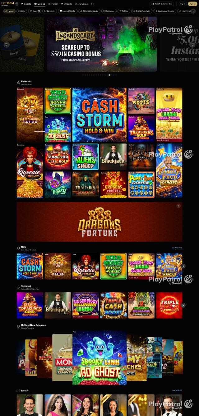 Capture of the front page of casino.mi.betmgm.com (casino.mi.betmgm.com) on 25 October 2026