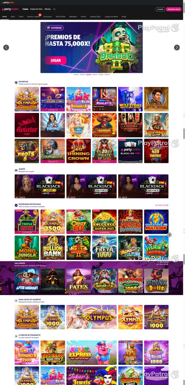 Front page of PartyCasino as captured on 29 October 2026