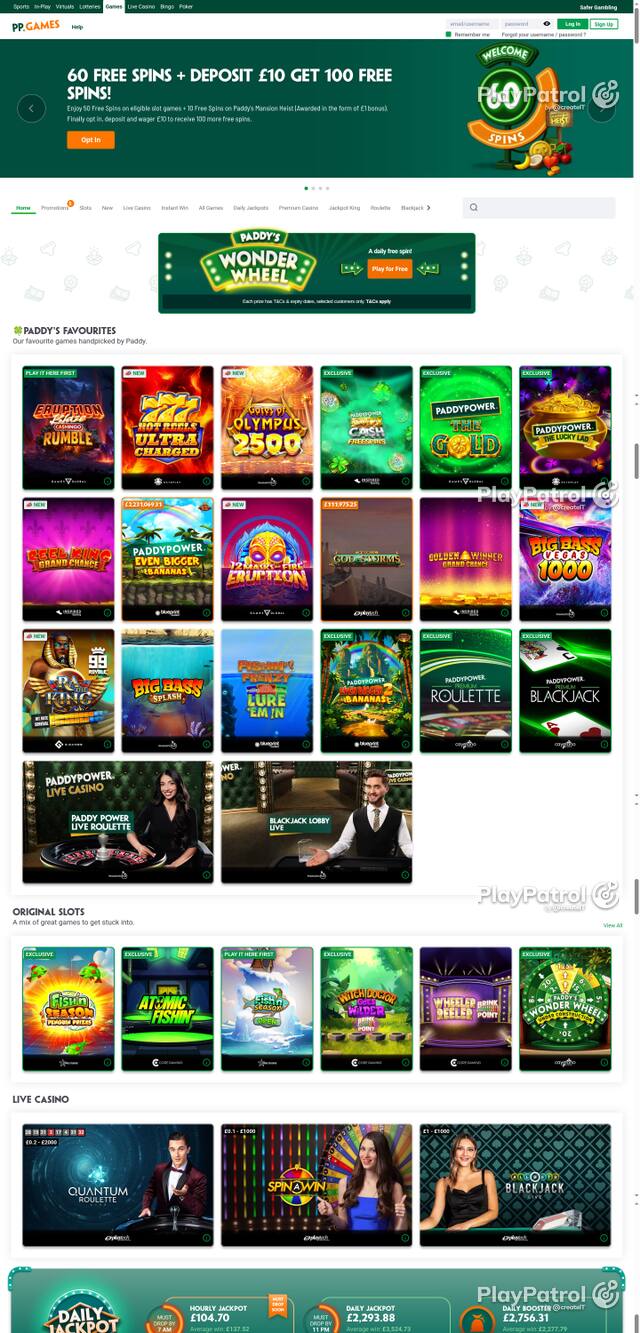 Capture of the front page of Paddy Power Games (games.paddypower.com) on 8 October 2026