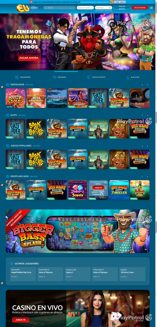 Capture of the front page of EU Casino (eucasino.es) on 17 October 2026