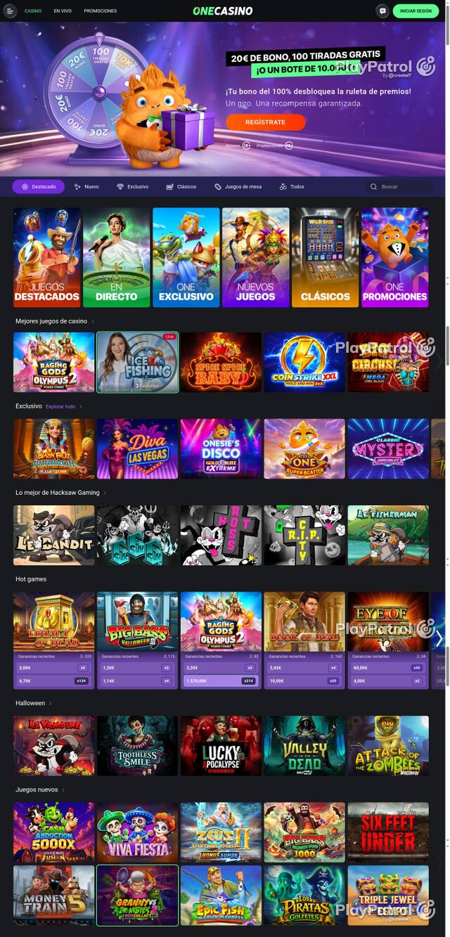 Capture of the front page of One Casino (onecasino.es) on 22 October 2026