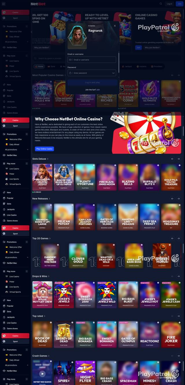 Capture of the front page of NetBet Casino (netbet.co.uk) on 12 October 2026