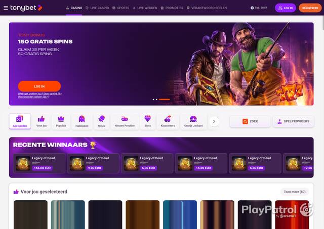 Capture of the front page of TonyBet (tonybet.nl) on 28 October 2026