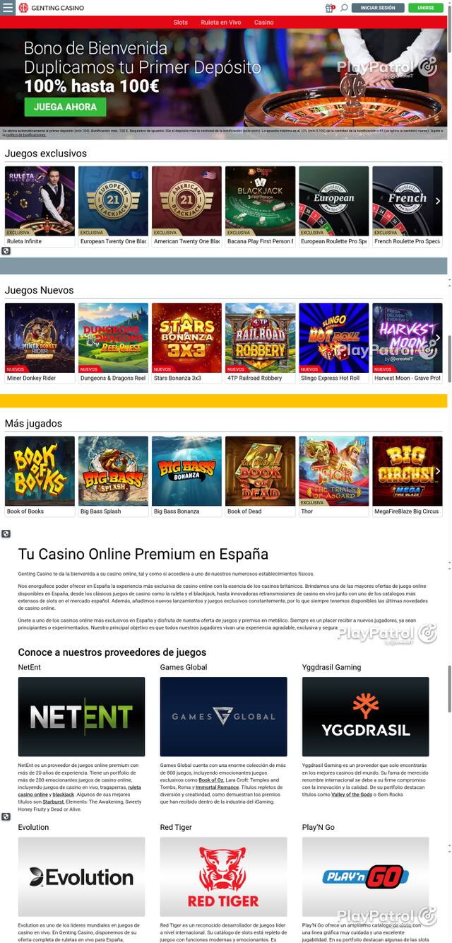 Capture of the front page of Genting Casino (gentingcasino.es) on 9 October 2026