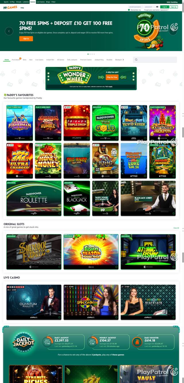 Capture of the front page of Paddy Power Games (games.paddypower.com) on 18 October 2026