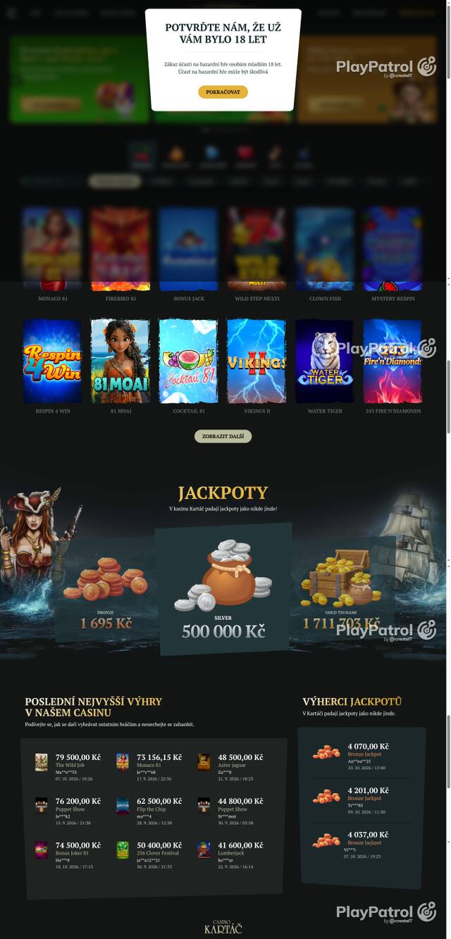 Capture of the front page of Casino Kartac (casino-kartac.cz) on 15 October 2026