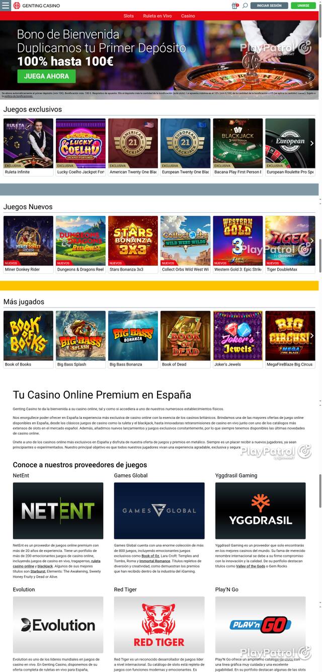 Capture of the front page of Genting Casino (gentingcasino.es) on 21 October 2026