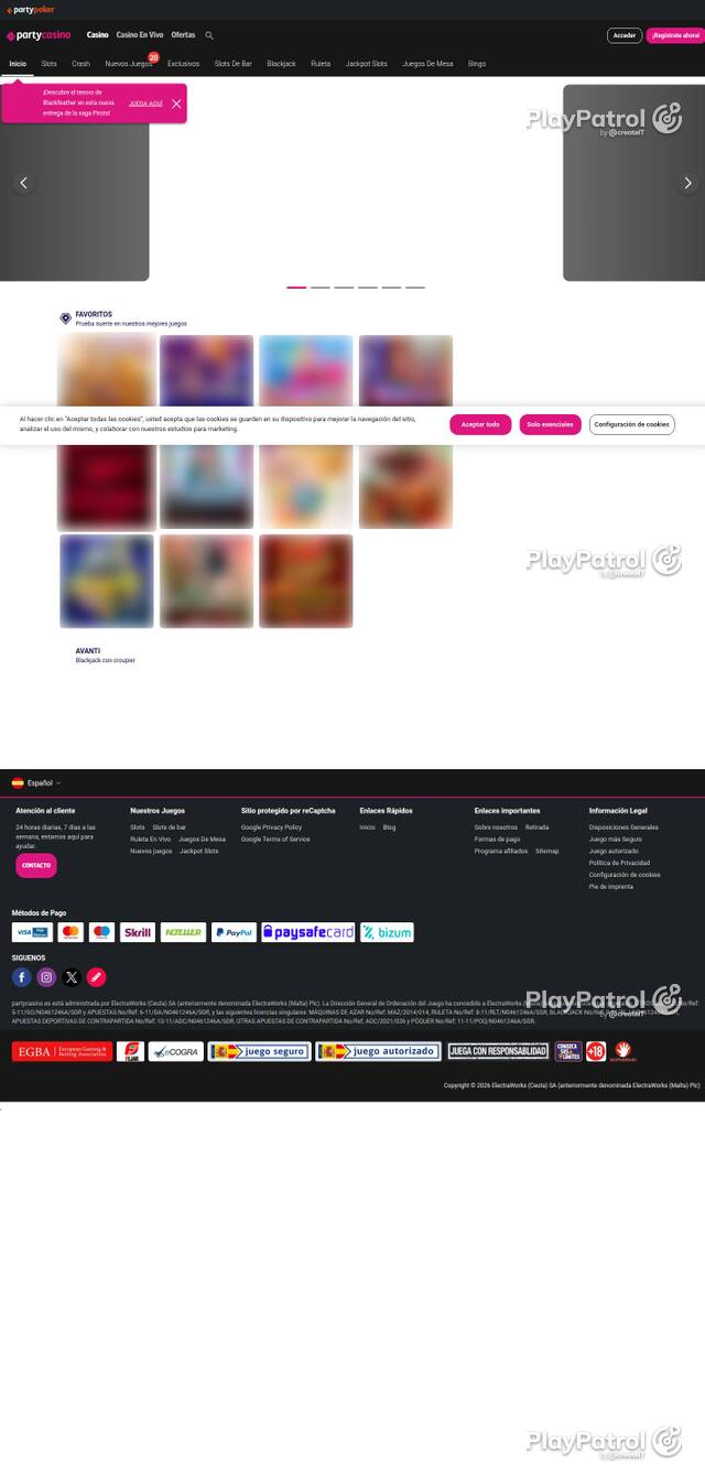 Homepage capture of PartyCasino recorded during the scan