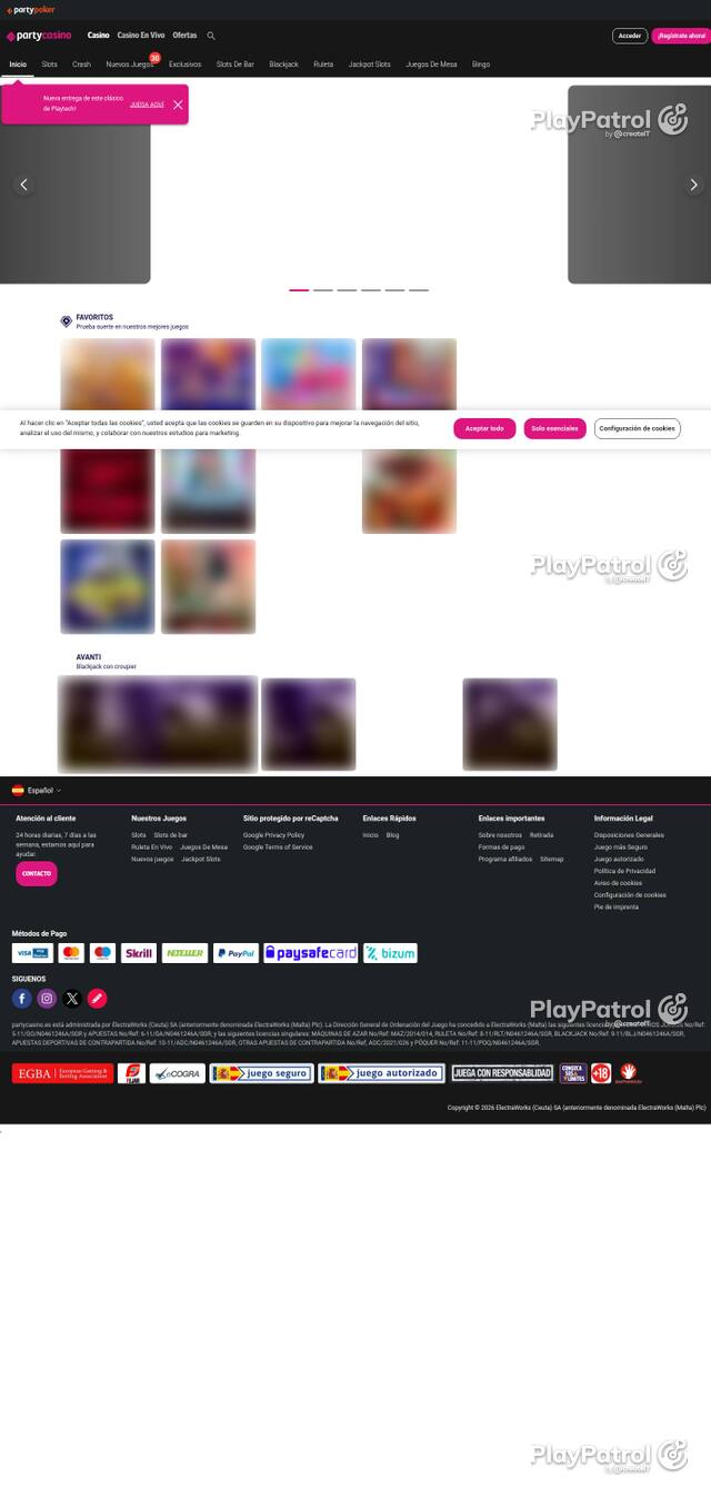 Homepage capture of PartyCasino recorded during the scan