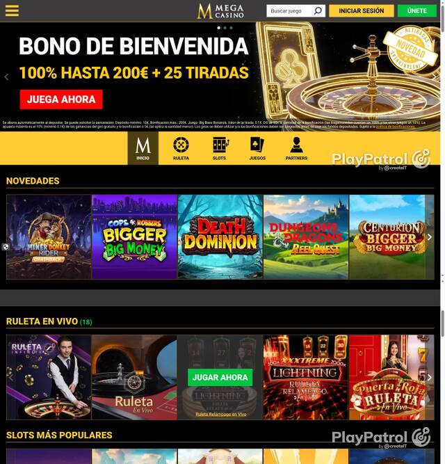 Capture of the front page of Mega Casinos (megacasinos.es) on 5 October 2026