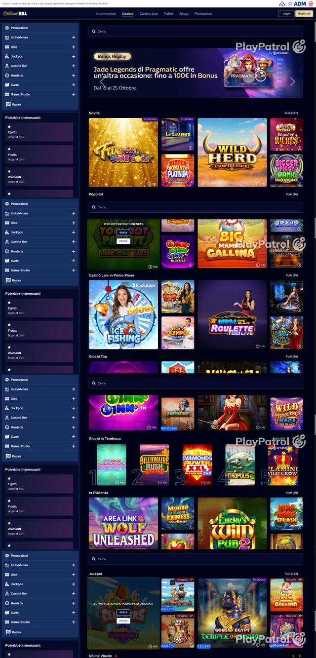 Capture of the front page of William Hill (casino.williamhill.it) on 22 October 2026