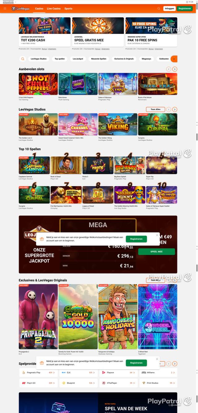 Capture of the front page of LeoVegas Casino Nederland (leovegas.nl) on 17 October 2026