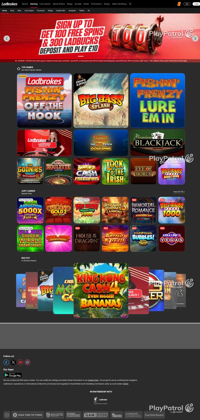 Capture of the front page of Ladbrokes (casino.ladbrokes.com) on 2 October 2026