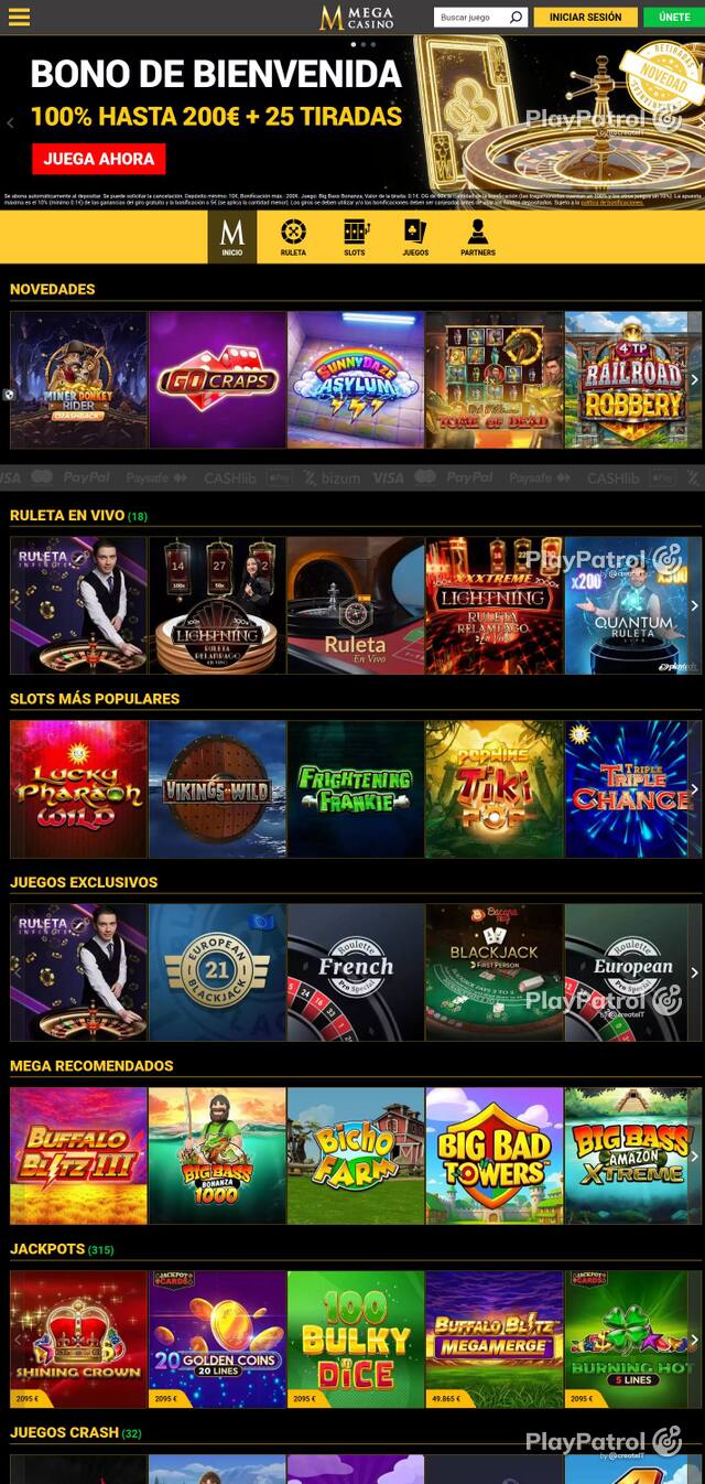 Homepage capture of Mega Casinos recorded during the scan
