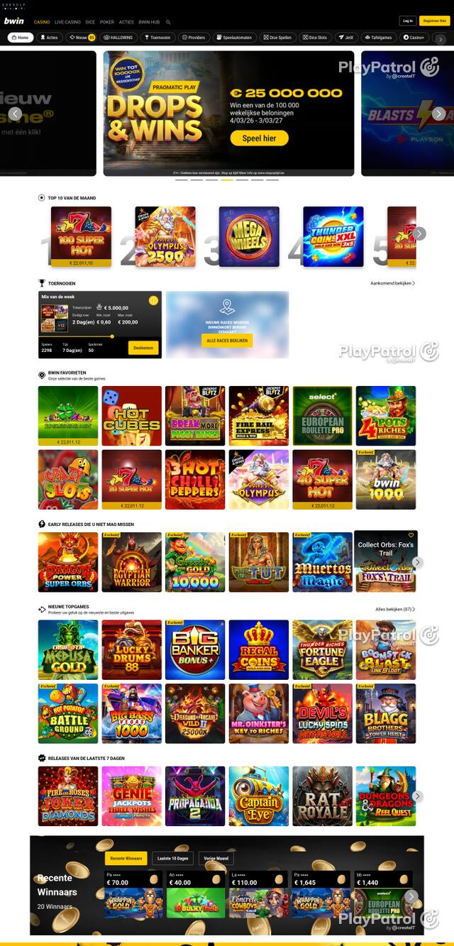 Capture of the front page of bwincasino.be (bwincasino.be) on 23 October 2026