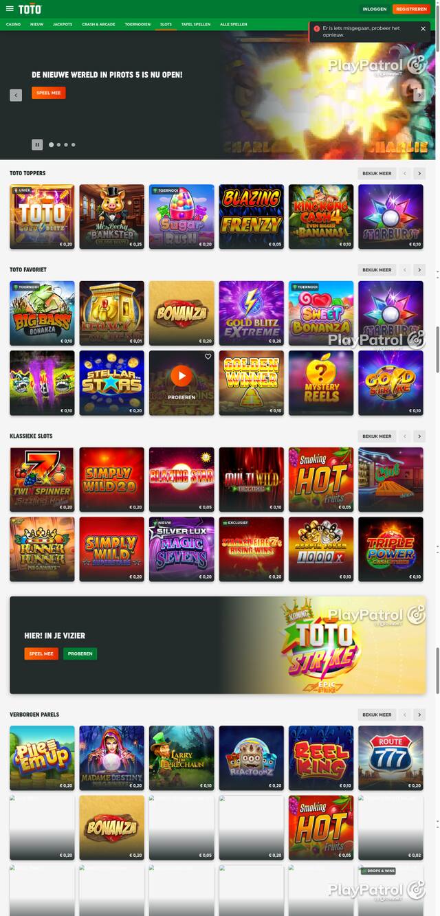 Capture of the front page of TOTO Casino (casino.toto.nl) on 8 October 2026
