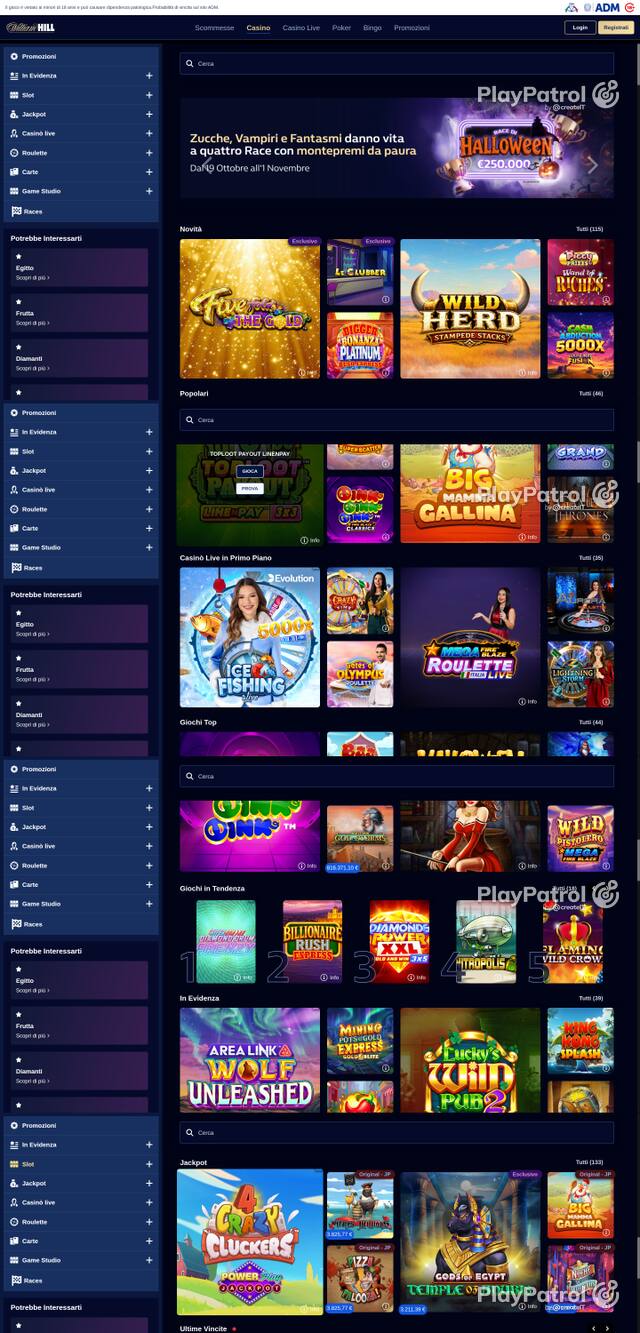 Capture of the front page of William Hill (casino.williamhill.it) on 25 October 2026