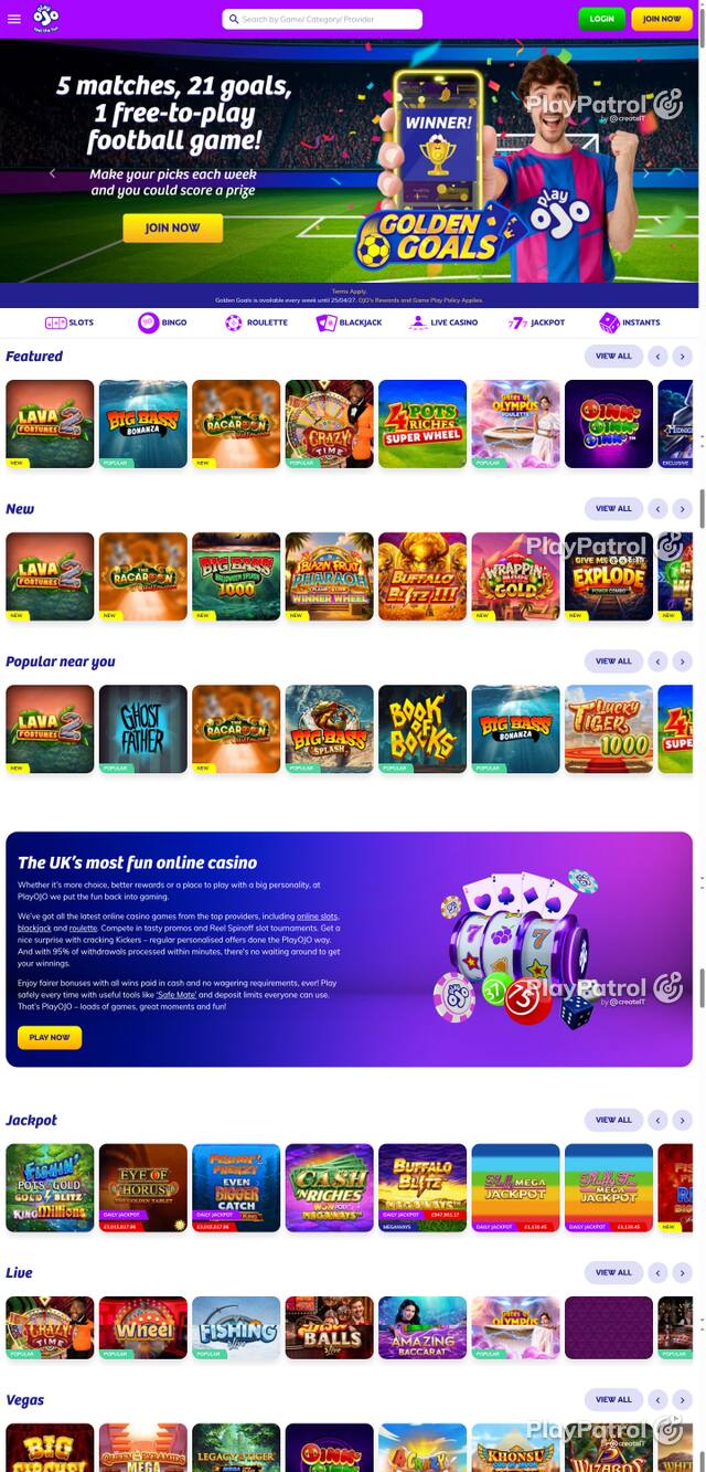 Capture of the front page of PlayOJO (playojo.com) on 23 October 2026