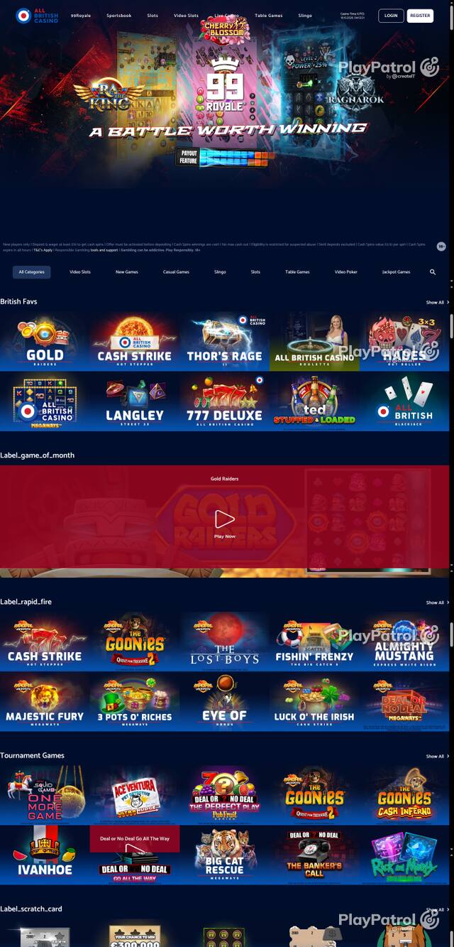 Capture of the front page of All British Casino (allbritishcasino.com) on 19 October 2026