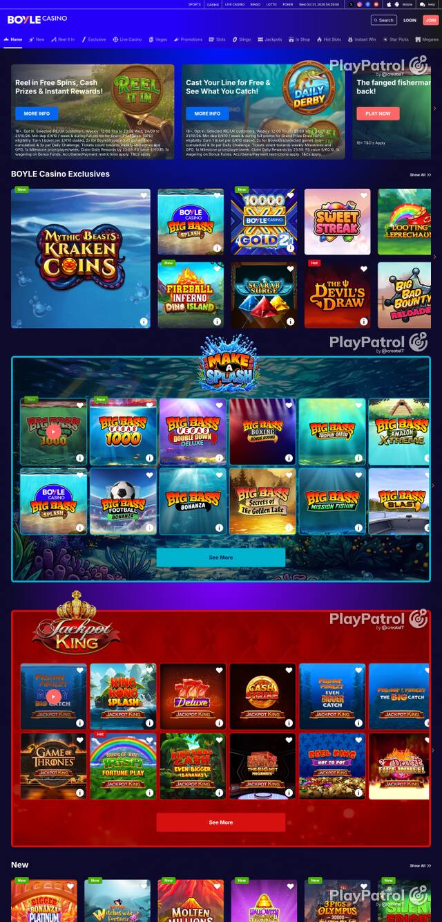 Capture of the front page of BoyleSports Casino (games.boylesports.com) on 21 October 2026