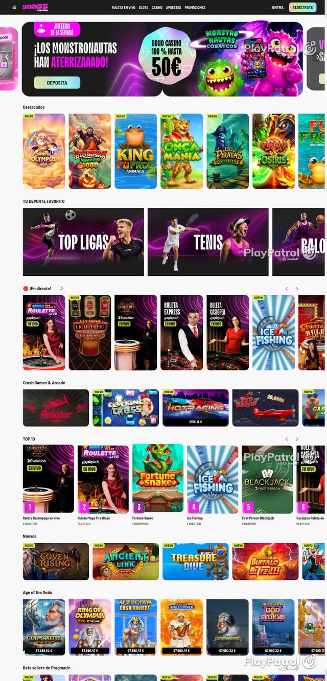 Capture of the front page of Yaass Casino (yaasscasino.es) on 22 October 2026
