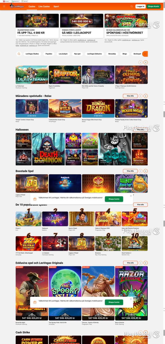 Capture of the front page of leovegas.com (leovegas.com) on 27 October 2026