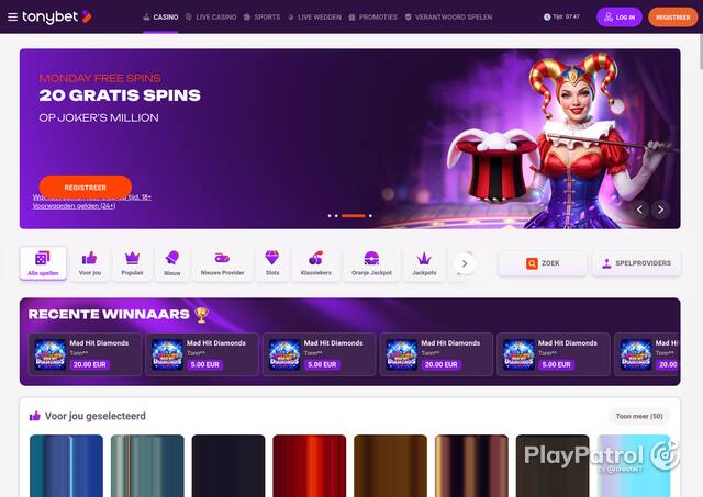 Capture of the front page of TonyBet (tonybet.nl) on 21 October 2026
