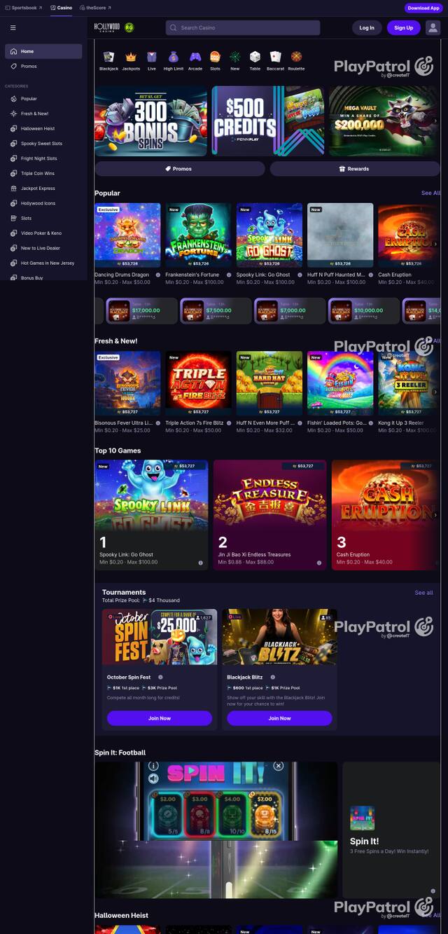 Front page of hollywoodcasino.com as captured on 30 October 2026