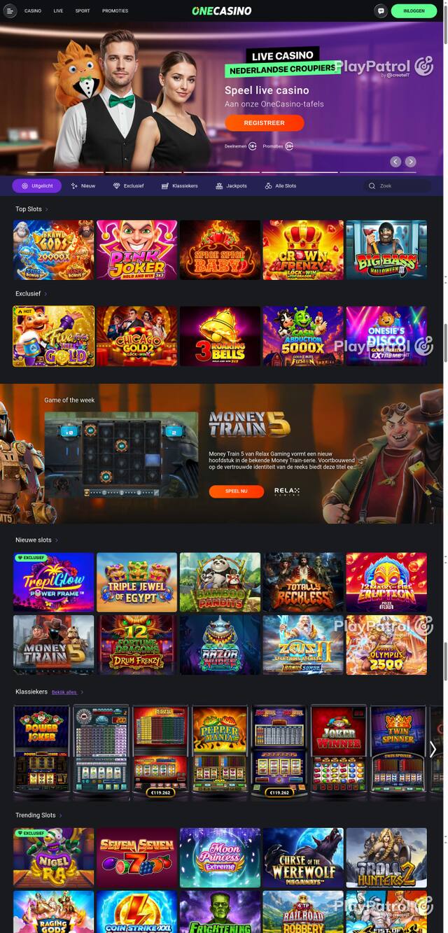 Capture of the front page of One Casino (nl.onecasino.com) on 8 October 2026