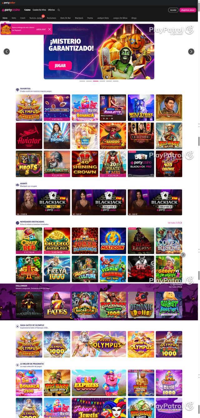 Capture of the front page of PartyCasino (partycasino.es) on 26 October 2026